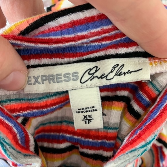 Express One Eleven Striped Ribbed Zip Neck Top 3/4 Sleeves Retro Size XS - Picture 11 of 16
